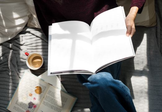 Magazine png mockup, woman with coffee cup, transparent design