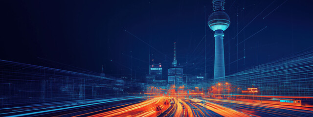 Super Detailed Photograph of a Tower Made from Digital Network Lines Surrounded by Cars on a Road, Showcasing Blue and Orange Color Scheme Against a Dark Blue Background