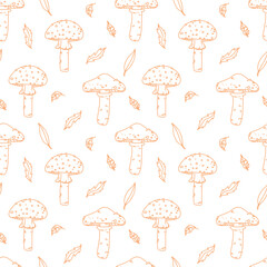 vector seamless pattern with leaves and mushrooms