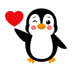 Tiempo de Navidad. San Valentín. Logo con pingüino alegre guiñando un ojo sujetando un corazón para tarjetas y felicitaciones