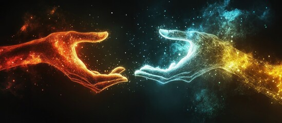 Two hands made of fire and ice reaching towards each other, symbolic of balance, unity, and the concept of opposites attracting.