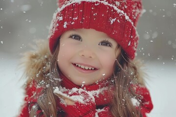 A joyful child smiling while experiencing snowfall in a winter wonderland, dressed in a bright red hat and warm coat