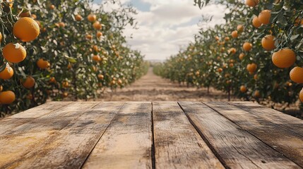 Lush Orange Grove with Wooden Table in Foreground