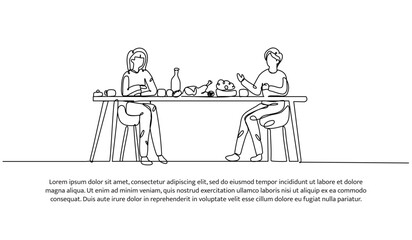 Continuous line design of a man and woman are having dinner. Single line decorative element drawn on white.