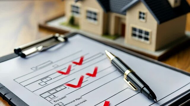 A checklist with red checkmarks sits on a desk next to a model house, suggesting the completion of a home purchase