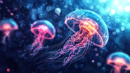 Naklejka premium Enchanting jellyfish a mesmerizing journey through the ethereal world of underwater creatures capturing their grace and beauty as they drift through the ocean's depths illuminated