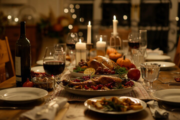 Beautiful thanksgiving dinner settings, holiday festive atmosphere dinner family gathering, generative ai image