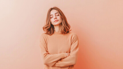 Obraz premium Thoughtful woman standing with arms crossed against peach background, exuding calm and introspective vibe. Her relaxed expression adds to serene atmosphere
