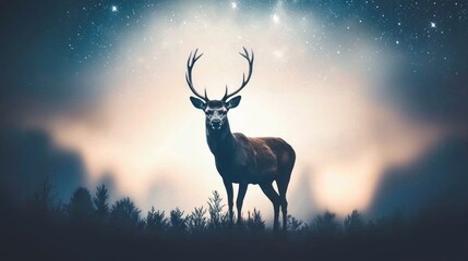 Fototapeta premium A majestic stag stands under a starry sky emanating serenity and strength in the heart of nature creating a breathtaking connection between the wild and the cosmic evoking feelings of wonder 