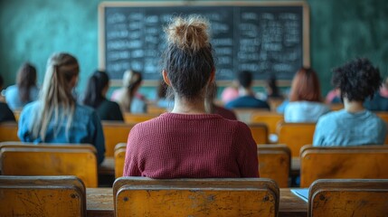 A classroom filled with students, seen from the back, focusing on a chalkboard at the front, creating an atmosphere of learning and concentration in an academic setting