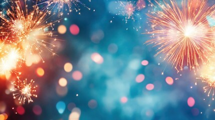 Fototapeta premium Vibrant fireworks burst across a night sky, surrounded by soft, colorful bokeh lights, creating a festive and celebratory scene.
