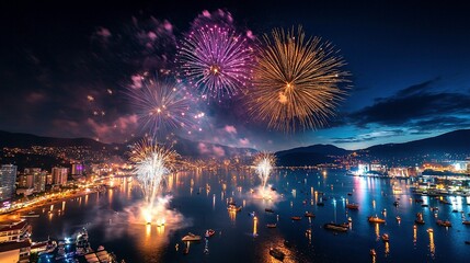 Naklejka premium A long panoramic New Year’s Eve 2025 party background with fireworks illuminating a rustic dark blue night sky texture.