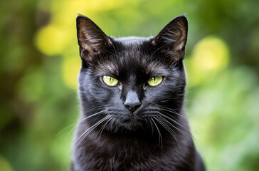 Black Cat with witch hat and pumpkin lanterns, autumn Halloween background

