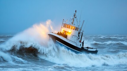 Naklejka premium A fishing boat is seen braving rough ocean waves during a storm, with crashing water and strong winds in a dramatic seascape.
