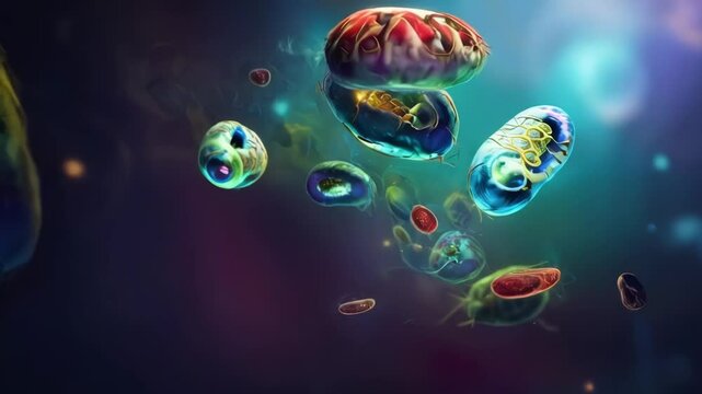 Illustration showing cancer cells alongside mitochondria cells, highlighting the cellular structure and interaction, emphasizing their role in cellular energy and disease progression.