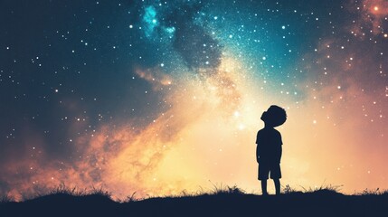 Fototapeta premium A child stands in silhouette, gazing up at a starry night sky, filled with wonder and curiosity about the universe.