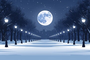A serene winter night with a bright full moon illuminating a snow-covered pathway lined with streetlamps