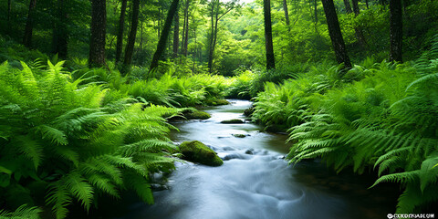 Obraz premium Lush Ferns Surrounding a Small Waterfall in a Tranquil Garden