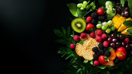A vibrant platter featuring fresh fruit, crackers, and green leaves, perfect for a healthy and delicious snack or appetizer. This arrangement showcases a variety of colors and textures, offering a del