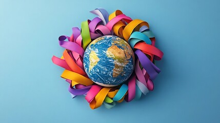 3d globe surrounded by a vibrant circle of colorful awareness ribbons on a blue background The design highlights World Cancer Day promoting unity and global awareness for cancer support