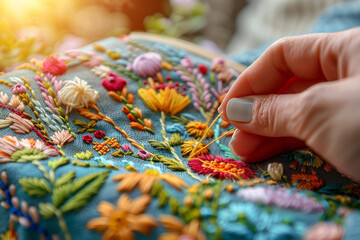 Obraz premium Embroidery in a cozy nook with a hoop threads and patterns generative AI image