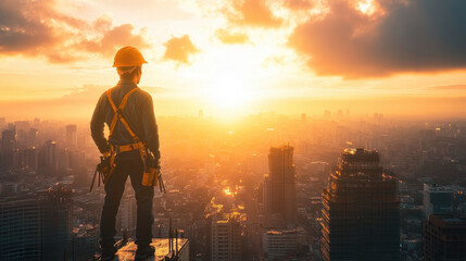 Fototapeta premium Construction Worker Overlooking Cityscape at Sunset