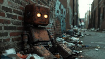 Rusty Robot Sitting Alone in a Dirty Alley