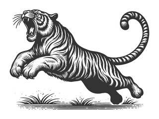 fierce leaping tiger tattoo design with an open mouth, drawn in an engraving style sketch engraving generative ai vector illustration. Scratch board imitation. Black and white image.