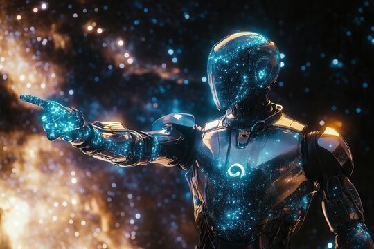 Futuristic robot exploring the galaxy, navigating through stars with advanced technology. A vision of artificial intelligence in outer space.