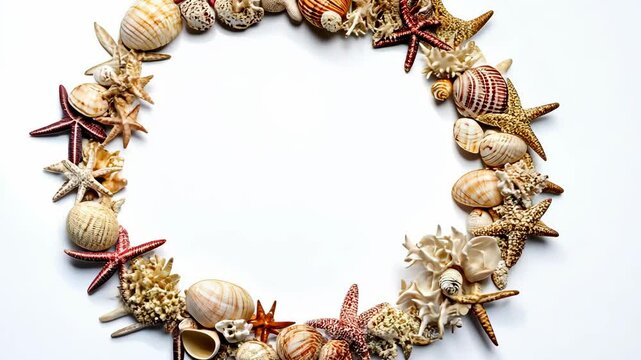 A circle of seashells and starfish surrounds a white background, a perfect backdrop for a summery design