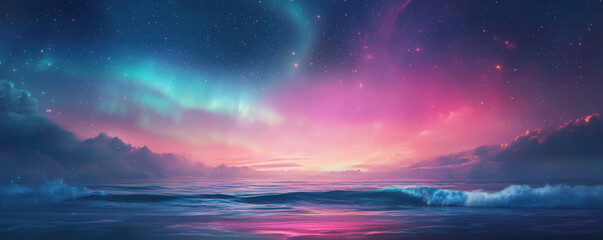 breathtaking view of northern lights illuminating serene coastline, with gentle waves reflecting vibrant colors in sky. tranquil atmosphere evokes sense of wonder and peace