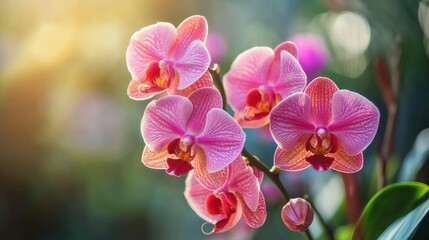 Fototapeta premium A close-up of vibrant orchids blooming in a tropical Thai garden, with detailed petals.