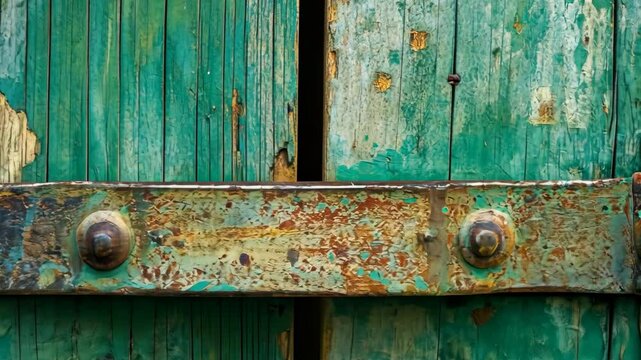 A close-up of an old, weathered green wooden door with rusty metal hinges