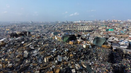 Ghana, Accra,   AGBOGBLOSHIE drone view Odaw River the largest landfill illegal dump in Africa for...