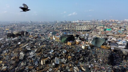 Ghana, Accra,   AGBOGBLOSHIE drone view Odaw River the largest landfill illegal dump in Africa for...