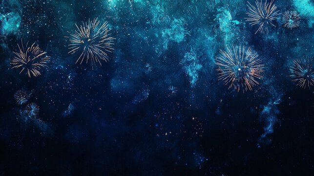 Fireworks explode in the rustic dark blue sky, capturing the spirit of New Year 2025 in this panoramic party banner