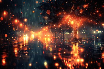 Fototapeta premium A luminous street tree glows with vibrant lights during a rainy night in the city, creating a magical atmosphere along the wet pavement