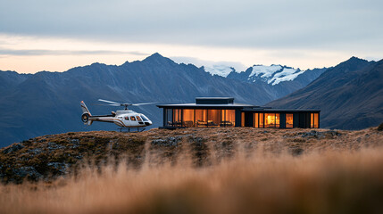 helicopter landing near modern house in mountains