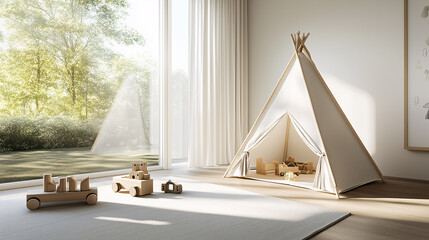 Minimalist playroom with a white tent, simple wooden toys on display, and natural light filling the space