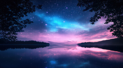 Fototapeta premium Majestic aurora above still lake reflecting on water, creating serene and enchanting atmosphere. vibrant colors and starry sky evoke sense of wonder and tranquility
