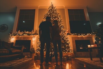 Couple admiring a beautifully decorated Christmas tree at home in the evening, surrounded by warm lights and holiday decorations