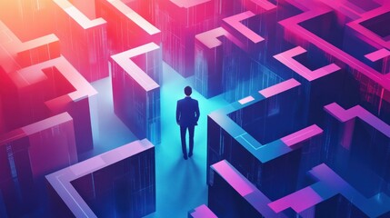 A businessman stands in a maze, contemplating his next move. The maze is brightly lit with a blue and pink glow, representing the challenges and opportunities that lie ahead.
