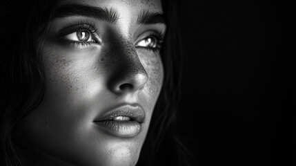 Fototapeta premium Monochrome Close-up Portrait of a Woman with Freckles and Soft Lighting Reflecting Emotion and Introspection