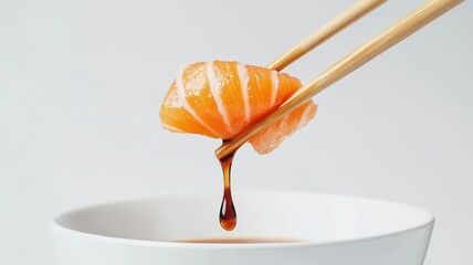 Salmon Sashimi with soy sauce or shoyu,Salmon sushi between two chopsticks on a white background,Japanese food,Japanese chef making sushi at restaurant.