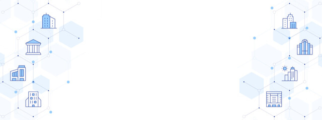 Obraz premium Building Banner Vector Illustration with Two-sided Icon Style. Line Duotone icon. Containing parliament, sun, building, city, company, bank, buildings