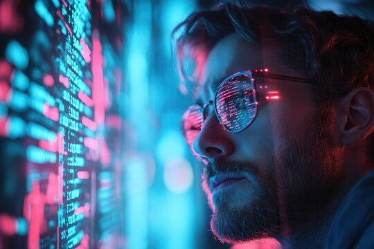 Man with glasses focused on digital code display, illuminated by neon lights, representing technology and programming.