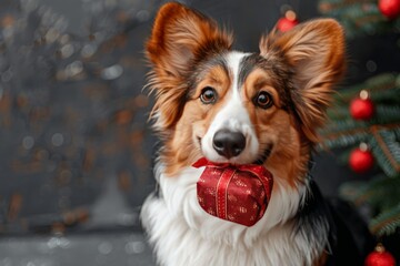 Fototapeta premium Adorable dog with a gift in mouth poses near a Christmas tree decorated with red ornaments during the holiday season