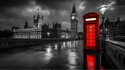 Iconic Red Telephone Booth Against the Backdrop of Big Ben and the Houses of Parliament in London Captured in a Dramatic Black and White Scene with a Touch of Color