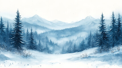 Watercolor painted landscape of winter forest