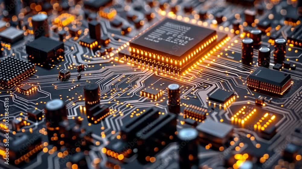 Poster the close-up captures a detailed electronic circuit board intricately woven with glowing components,